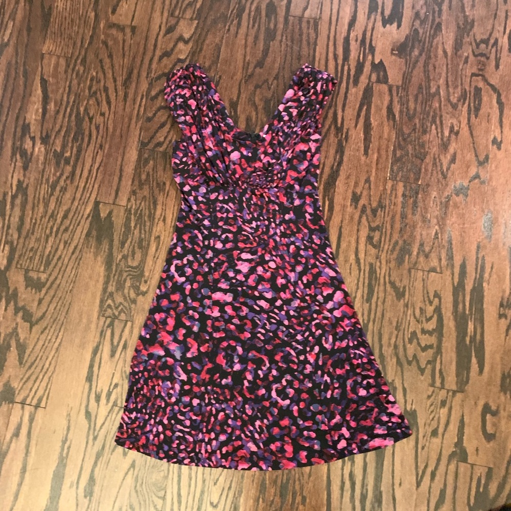 Marvin Richards Cheetah Print Pink Purple Black Dress. Knee length, v-neck